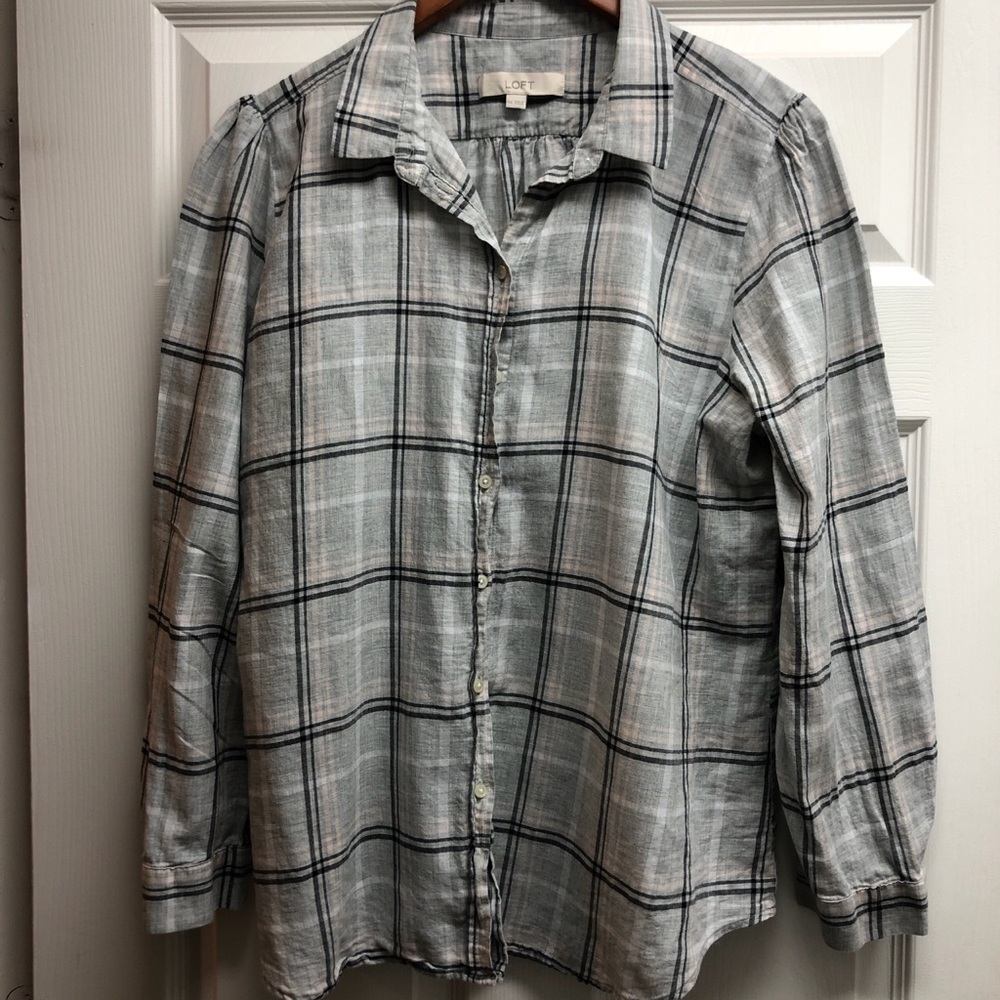 LOFT Light Gray and Black Plaid Button-Down Shirt